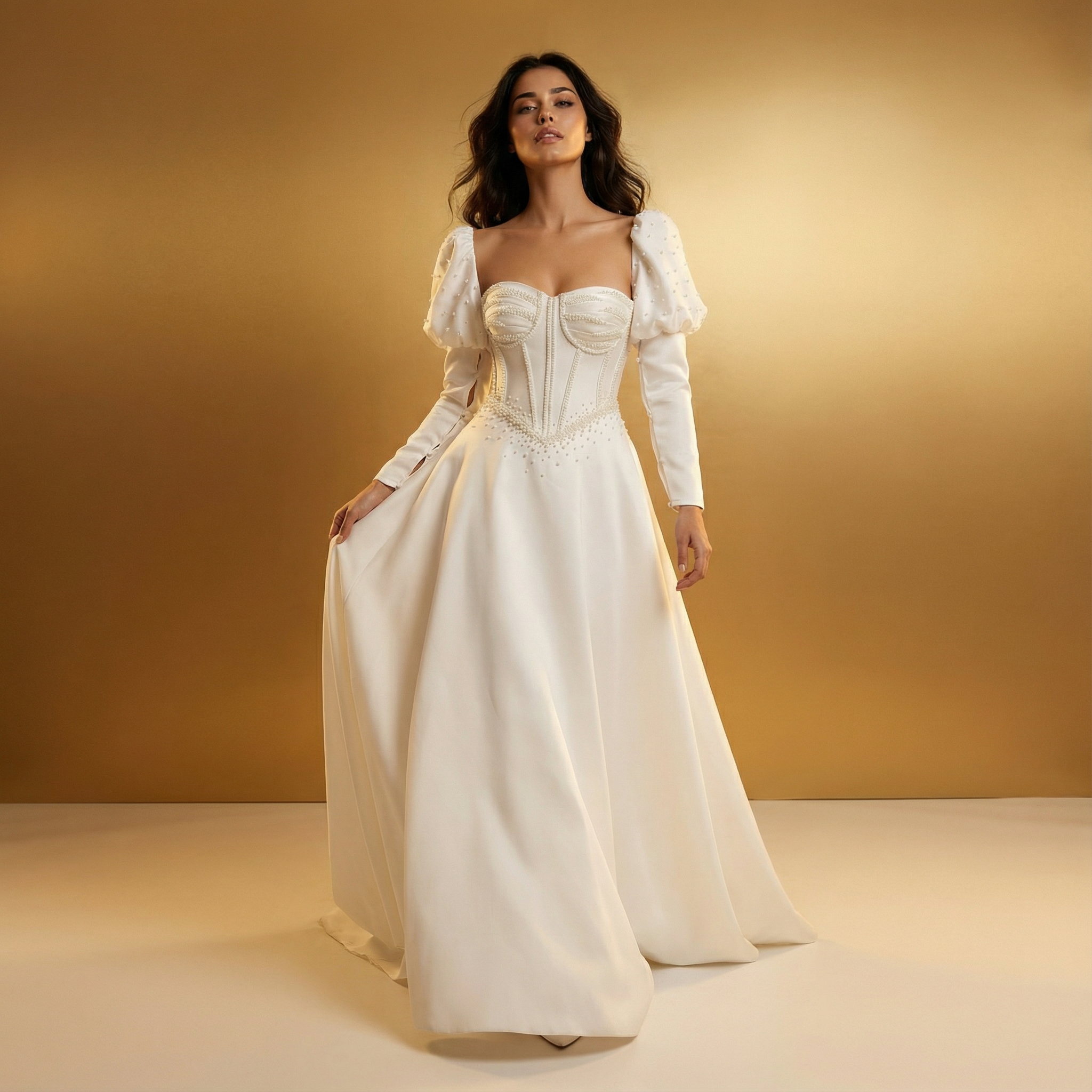 Satin wedding dress fitting in Beirut boutique – ALINOURA